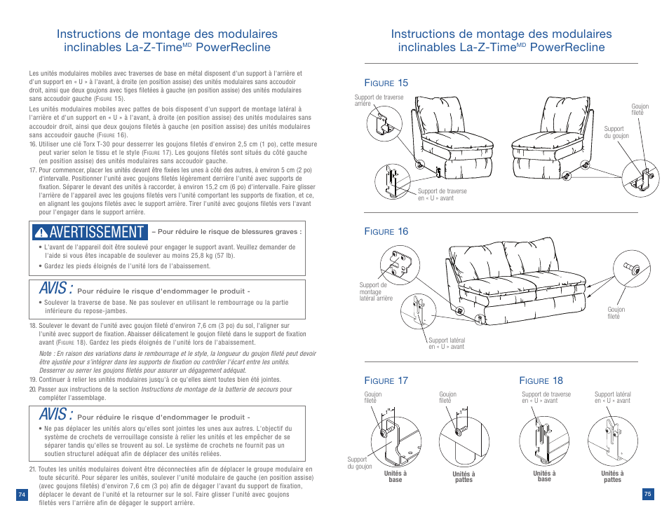 Avis, Avertissement, Powerrecline | 15 f, 16 f, 17 f | La-Z-Boy Power Recline after 12/31/2012 User Manual | Page 38 / 46