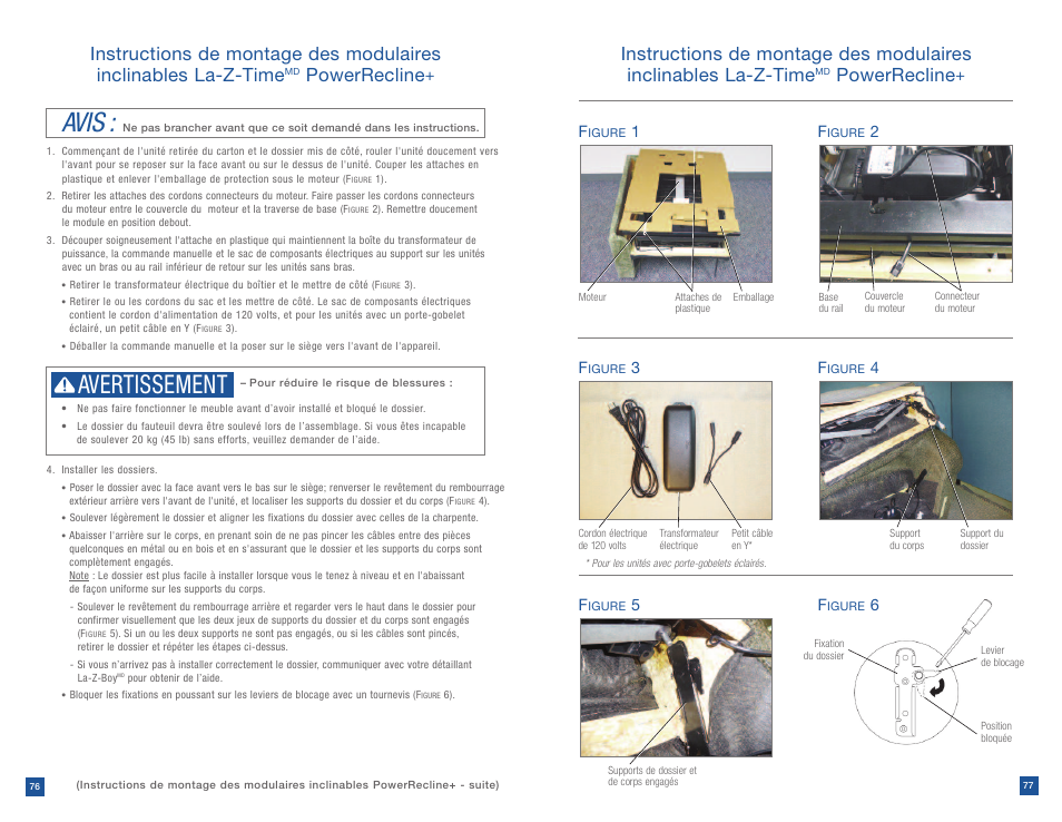 Avis, Avertissement, Powerrecline | La-Z-Boy Power Recline after 12/31/2012 User Manual | Page 39 / 46