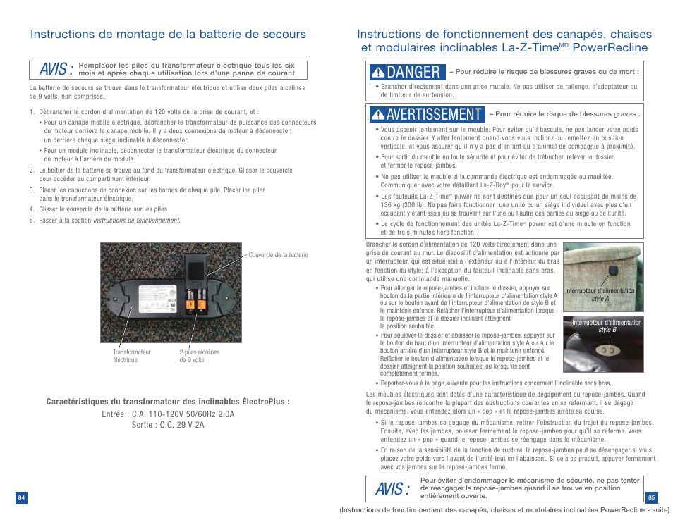 Avis, Danger, Avertissement | Instructions de montage de la batterie de secours, Powerrecline | La-Z-Boy Power Recline after 12/31/2012 User Manual | Page 43 / 46