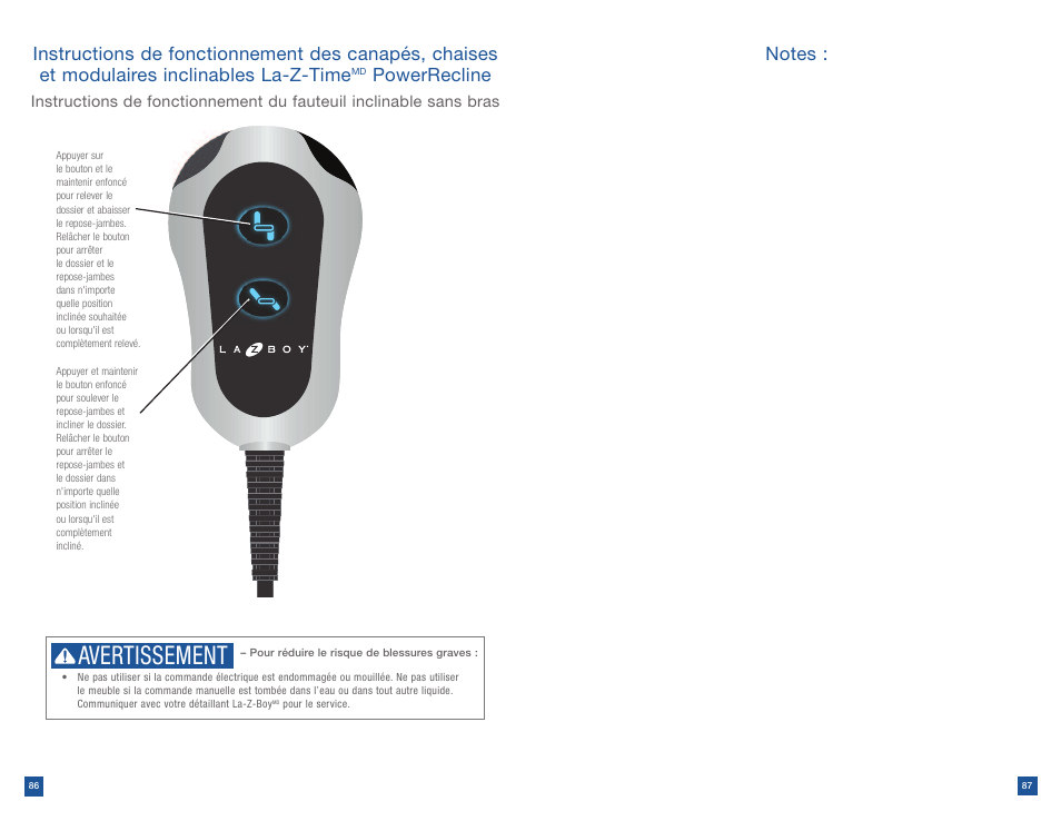 Avertissement, Powerrecline | La-Z-Boy Power Recline after 12/31/2012 User Manual | Page 44 / 46