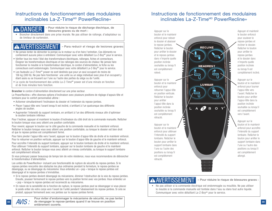 Avis, Avertissement, Avertissement danger | Powerrecline | La-Z-Boy Power Recline after 12/31/2012 User Manual | Page 45 / 46