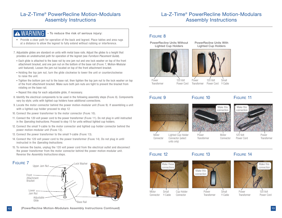 Warning, La-z-time, Powerrecline motion-modulars assembly instructions | 11 f | La-Z-Boy Power Recline after 12/31/2012 User Manual | Page 7 / 46