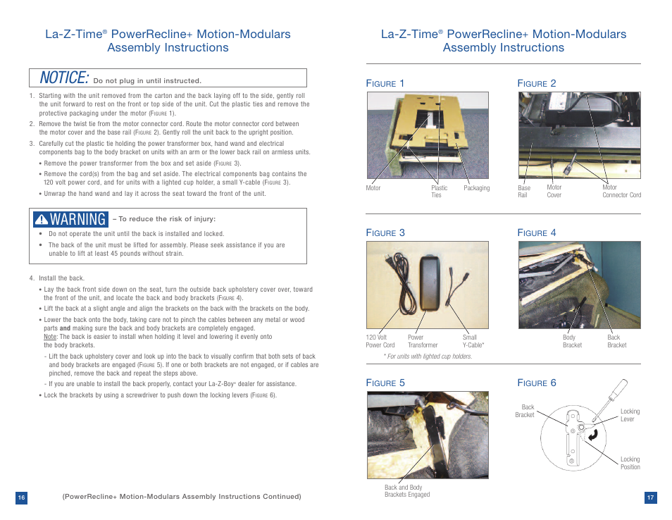 Notice, Warning, La-z-time | Powerrecline, Motion-modulars assembly instructions la-z-time, Motion-modulars assembly instructions | La-Z-Boy Power Recline after 12/31/2012 User Manual | Page 9 / 46