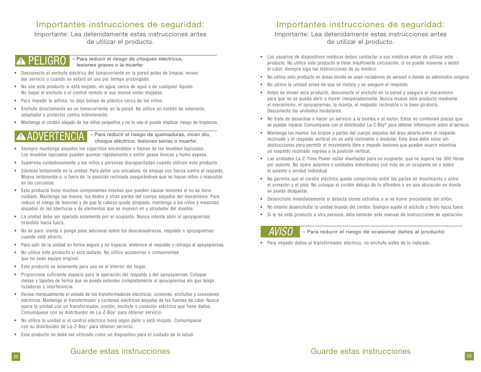 Peligro advertencia, Aviso, Importantes instrucciones de seguridad | Guarde estas instrucciones | La-Z-Boy Power Recline 11/28/2011-12/31/2012 User Manual | Page 12 / 28