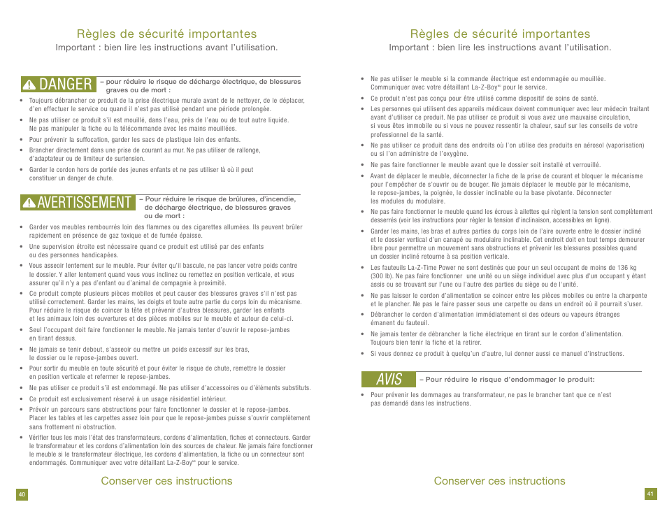 Danger avertissement, Avis, Règles de sécurité importantes | Conserver ces instructions | La-Z-Boy Power Recline 11/28/2011-12/31/2012 User Manual | Page 21 / 28