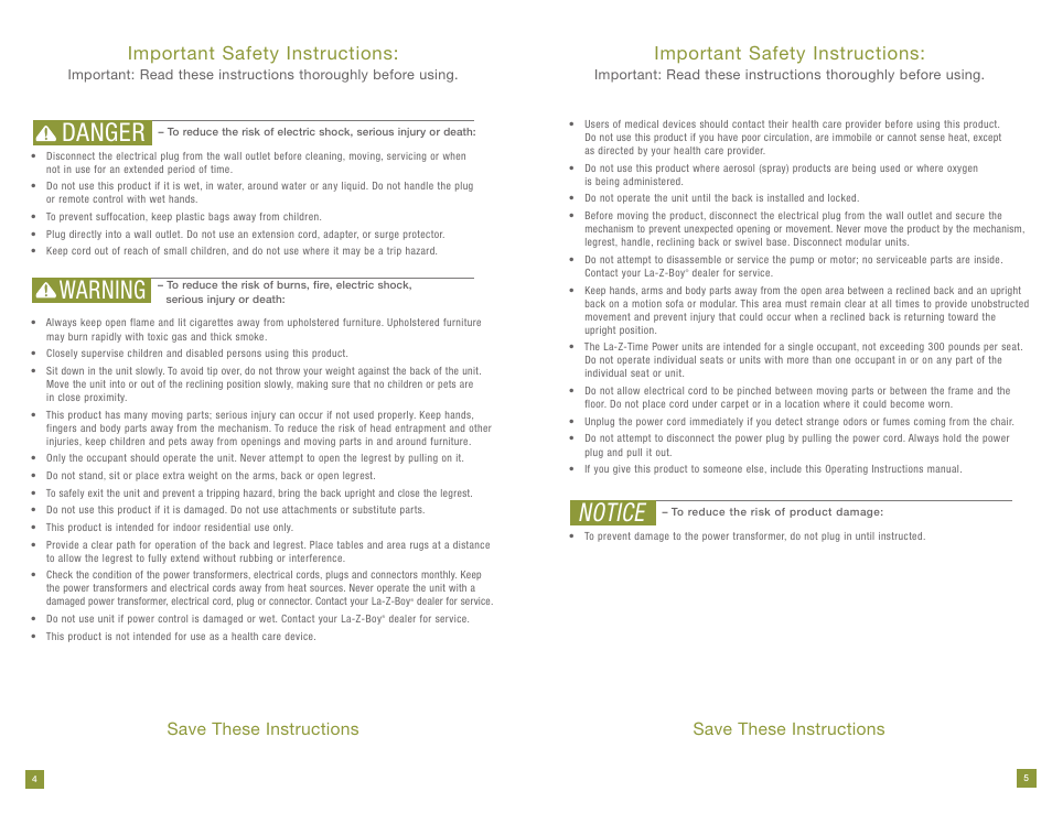 Danger warning, Notice, Important safety instructions | Save these instructions | La-Z-Boy Power Recline 11/28/2011-12/31/2012 User Manual | Page 3 / 28