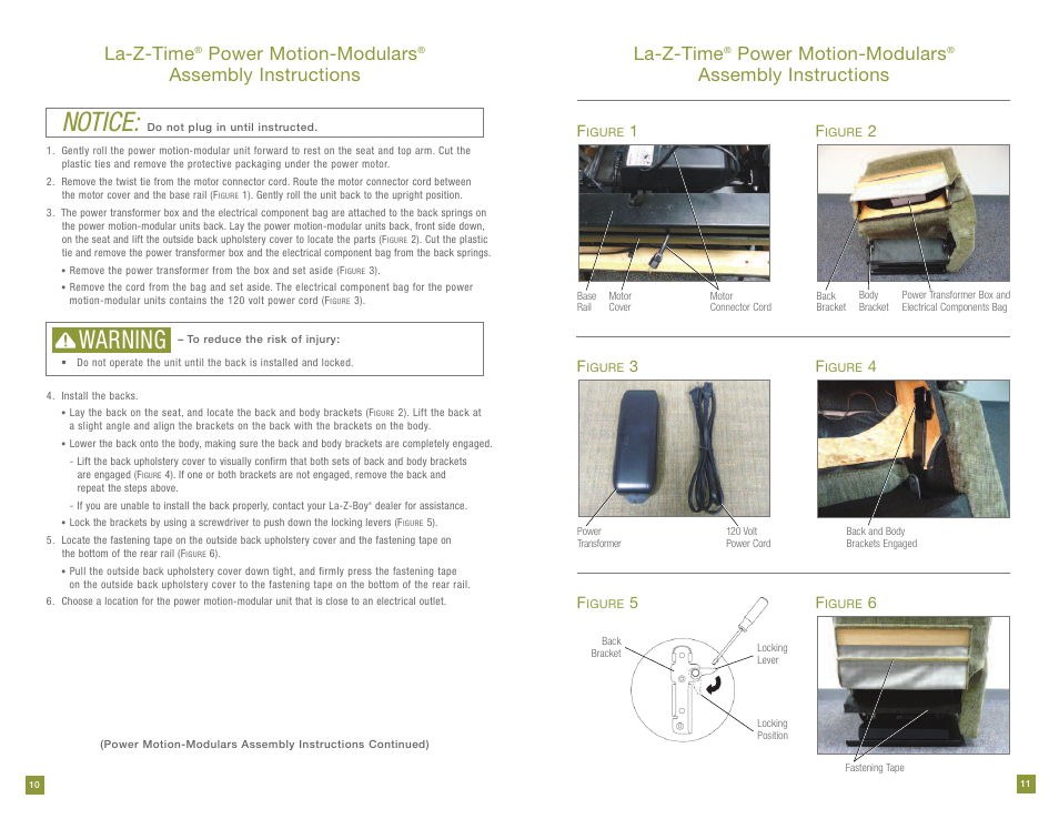 Notice, Warning, La-z-time | Power motion-modulars, Assembly instructions | La-Z-Boy Power Recline 11/28/2011-12/31/2012 User Manual | Page 6 / 28