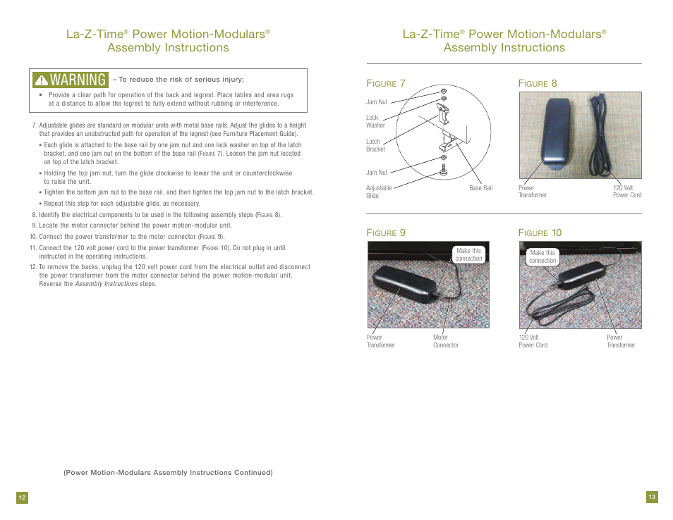 Warning, La-z-time, Power motion-modulars | Assembly instructions la-z-time, Assembly instructions | La-Z-Boy Power Recline 11/28/2011-12/31/2012 User Manual | Page 7 / 28