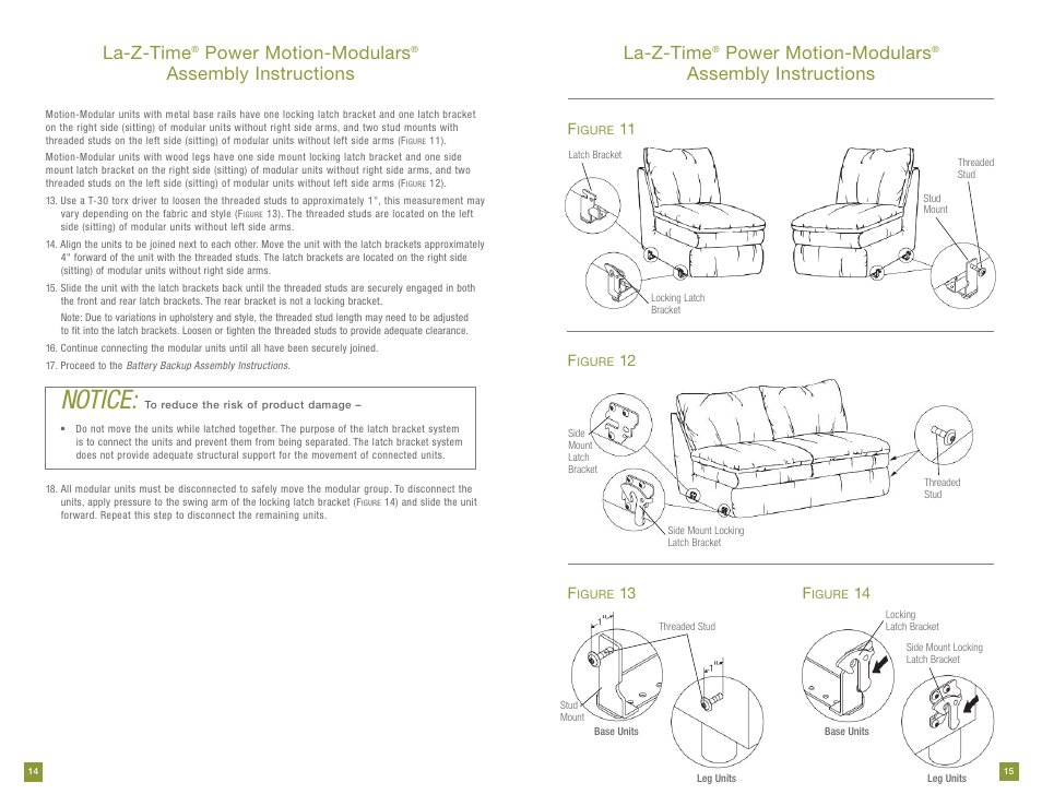 Notice, La-z-time, Power motion-modulars | Assembly instructions, 11 f, 12 f, 13 f | La-Z-Boy Power Recline 11/28/2011-12/31/2012 User Manual | Page 8 / 28