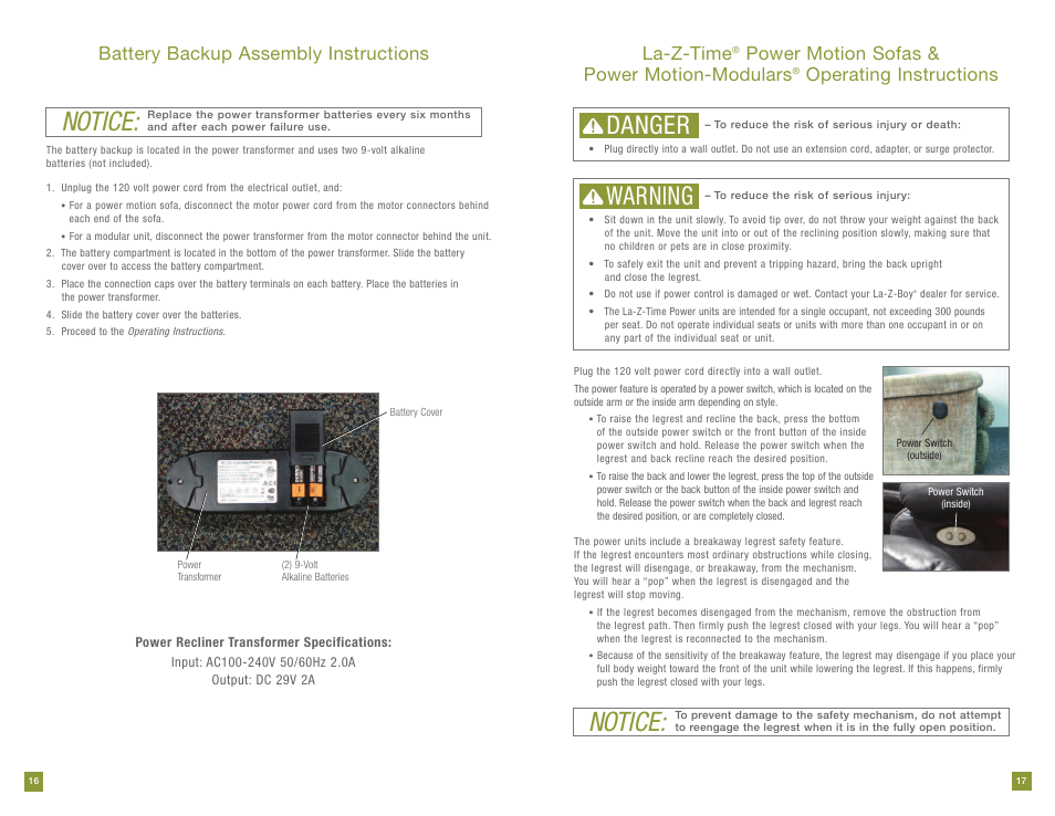 Notice, Danger, Warning | Battery backup assembly instructions, La-z-time, Power motion sofas & power motion-modulars, Operating instructions | La-Z-Boy Power Recline 11/28/2011-12/31/2012 User Manual | Page 9 / 28
