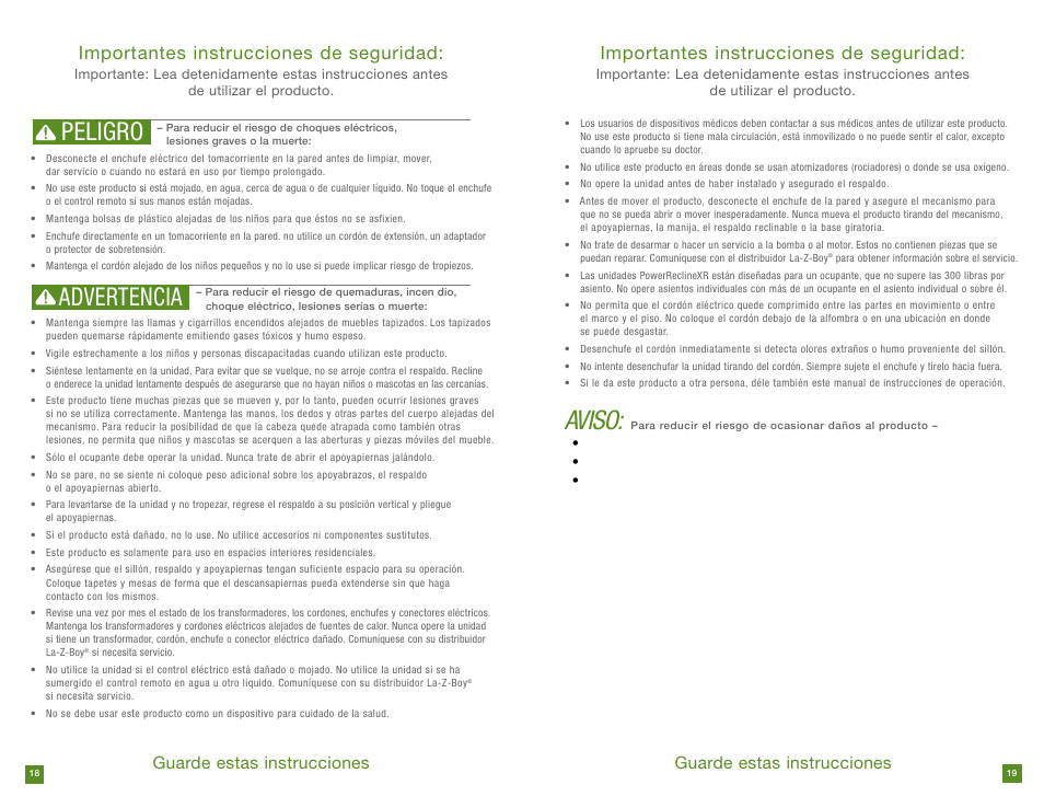 Aviso, Peligro advertencia, Importantes instrucciones de seguridad | Guarde estas instrucciones | La-Z-Boy PowerReclineXR prior to 12/31/2012 User Manual | Page 10 / 22