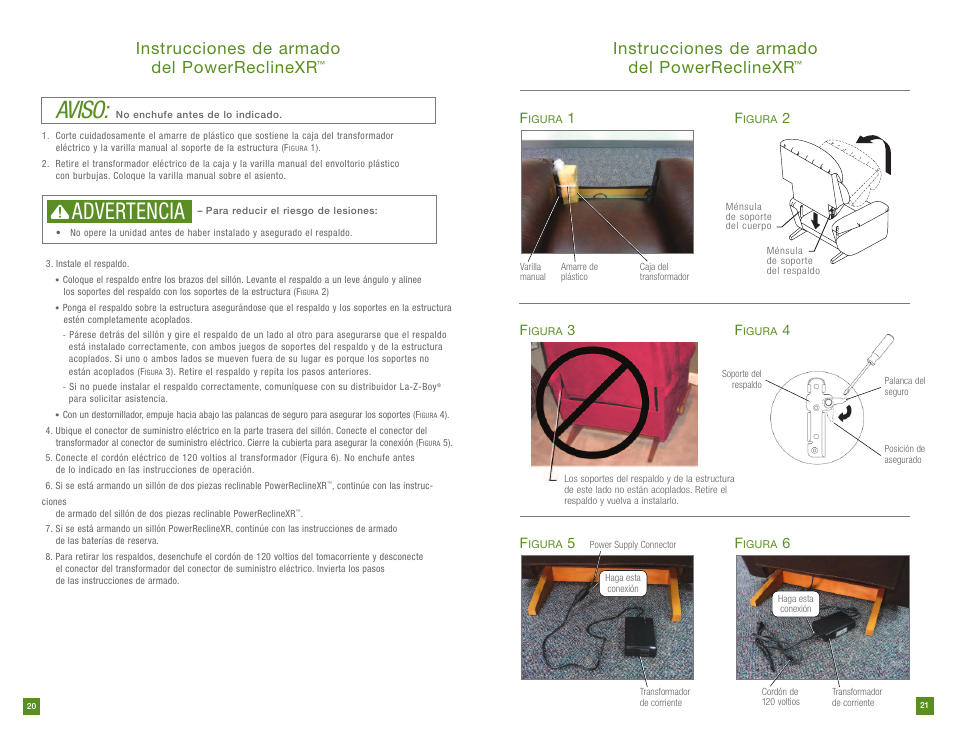 Aviso, Advertencia, Instrucciones de armado del powerreclinexr | La-Z-Boy PowerReclineXR prior to 12/31/2012 User Manual | Page 11 / 22