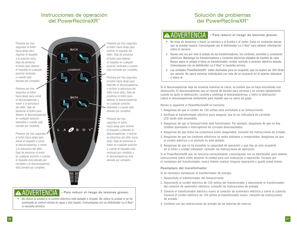 Advertencia, Instrucciones de operación del powerreclinexr, Solución de problemas del powerreclinexr | La-Z-Boy PowerReclineXR prior to 12/31/2012 User Manual | Page 14 / 22