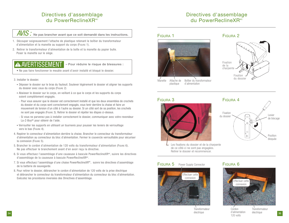 Avis, Avertissement, Directives d'assemblage du powerreclinexr | La-Z-Boy PowerReclineXR prior to 12/31/2012 User Manual | Page 18 / 22