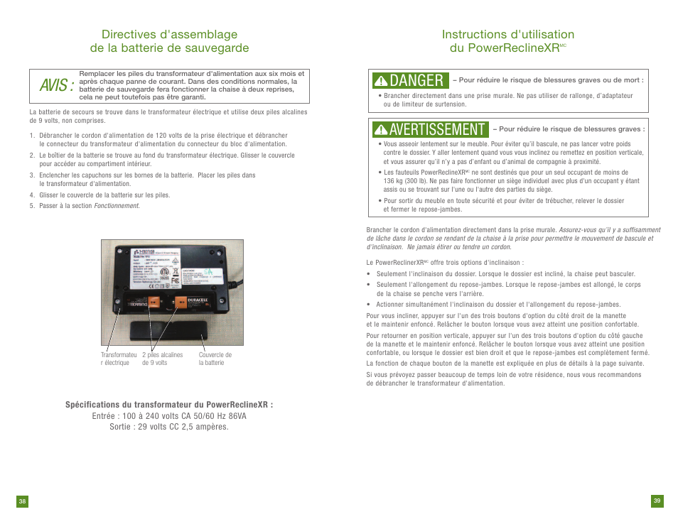 Avis, Danger, Avertissement | Instructions d'utilisation du powerreclinexr | La-Z-Boy PowerReclineXR prior to 12/31/2012 User Manual | Page 20 / 22