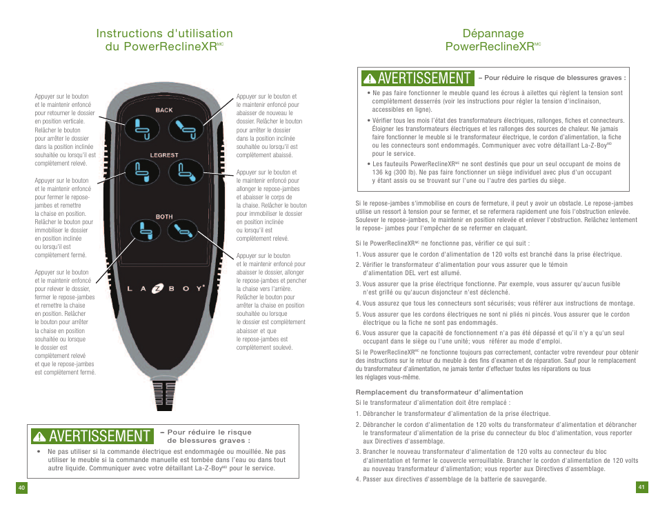 Avertissement, Instructions d'utilisation du powerreclinexr, Dépannage powerreclinexr | La-Z-Boy PowerReclineXR prior to 12/31/2012 User Manual | Page 21 / 22