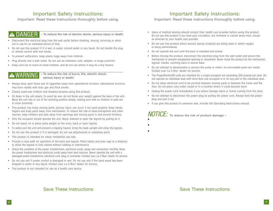 Notice, Danger warning, Important safety instructions | Save these instructions | La-Z-Boy PowerReclineXR prior to 12/31/2012 User Manual | Page 3 / 22