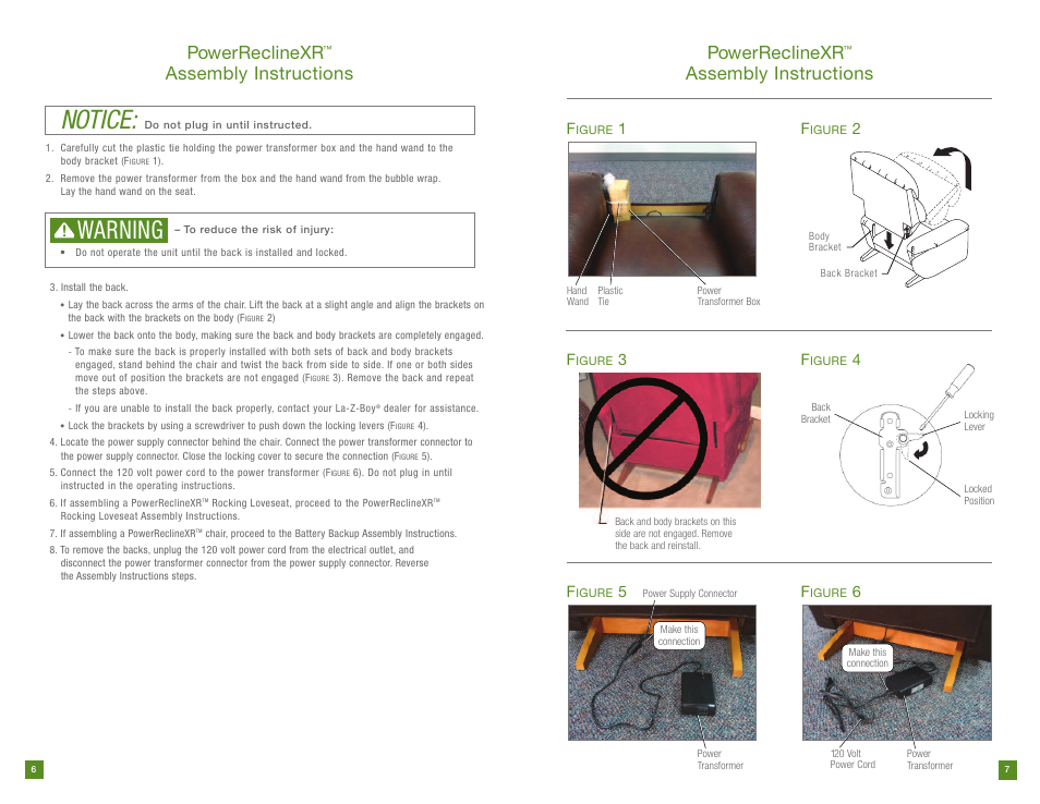 Notice, Warning, Powerreclinexr | Assembly instructions | La-Z-Boy PowerReclineXR prior to 12/31/2012 User Manual | Page 4 / 22