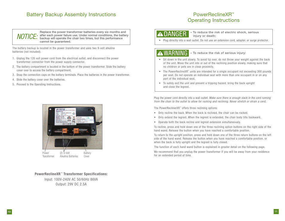 Notice, Danger, Warning | Powerreclinexr | La-Z-Boy PowerReclineXR prior to 12/31/2012 User Manual | Page 6 / 22