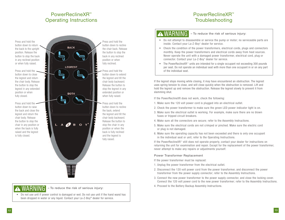 Warning, Powerreclinexr, Operating instructions powerreclinexr | Troubleshooting | La-Z-Boy PowerReclineXR prior to 12/31/2012 User Manual | Page 7 / 22