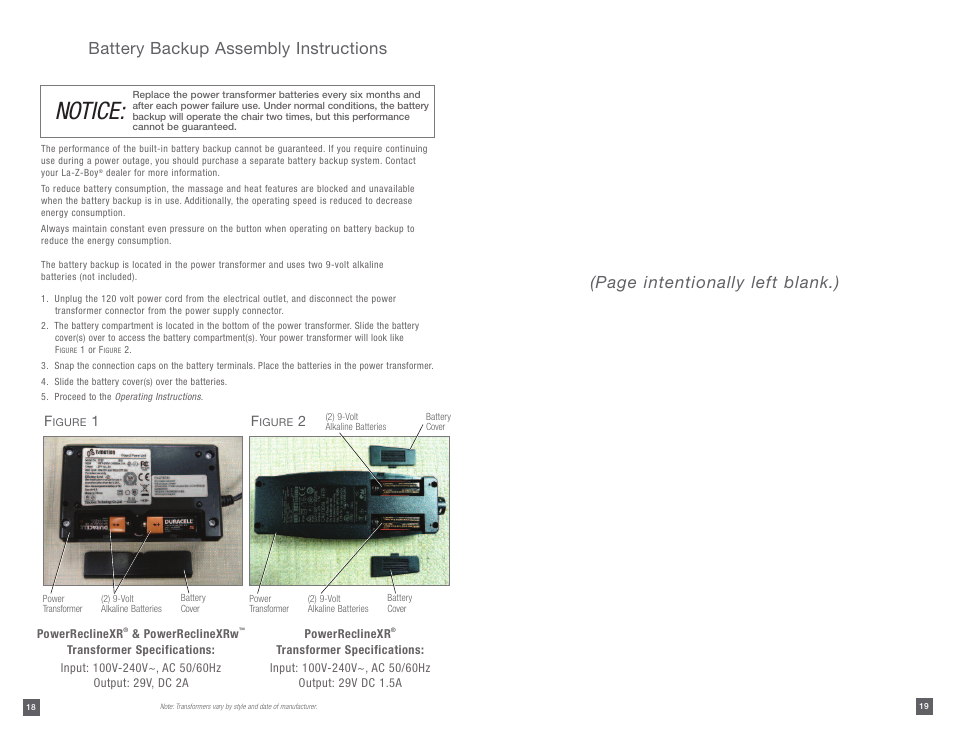 Notice, Battery backup assembly instructions, Page intentionally left blank.) | La-Z-Boy PowerReclineXR after 01/19/2015 User Manual | Page 10 / 15