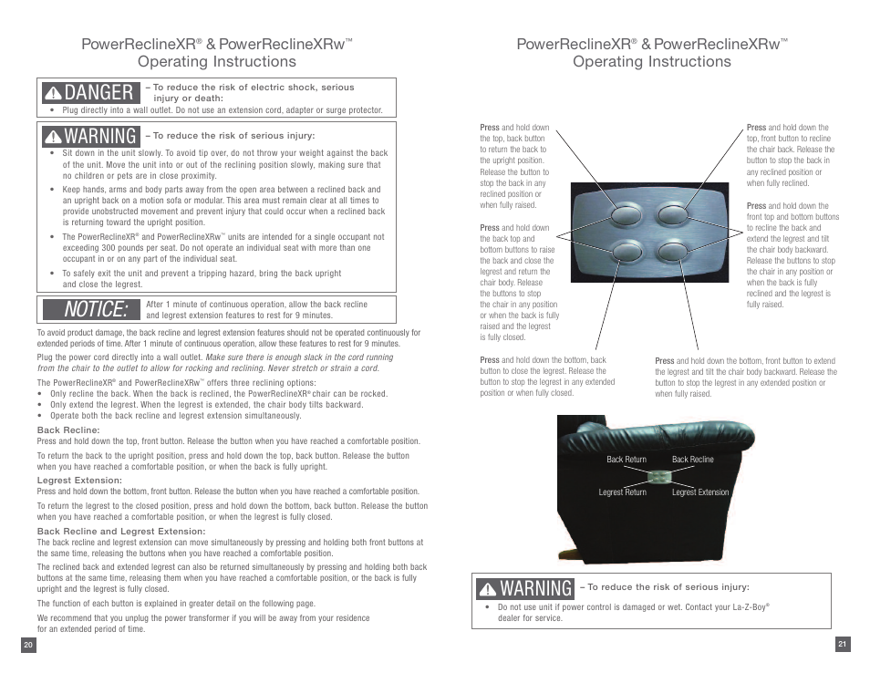 Notice, Danger, Warning | Powerreclinexr, Powerreclinexrw, Operating instructions powerreclinexr, Operating instructions | La-Z-Boy PowerReclineXR after 01/19/2015 User Manual | Page 11 / 15