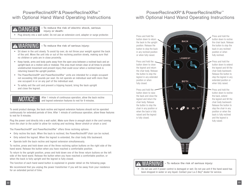 Notice, Danger, Warning | Powerreclinexr, Powerreclinexrw, With optional hand wand operating instructions | La-Z-Boy PowerReclineXR after 01/19/2015 User Manual | Page 12 / 15
