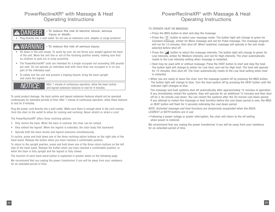 Notice, Danger, Warning | Powerreclinexr, With massage & heat operating instructions | La-Z-Boy PowerReclineXR after 01/19/2015 User Manual | Page 13 / 15