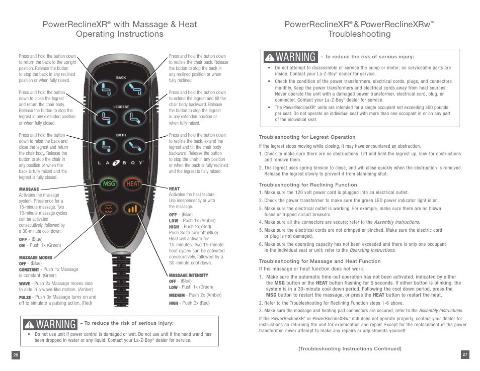 Warning, Powerreclinexr, Powerreclinexrw | Troubleshooting, With massage & heat operating instructions | La-Z-Boy PowerReclineXR after 01/19/2015 User Manual | Page 14 / 15