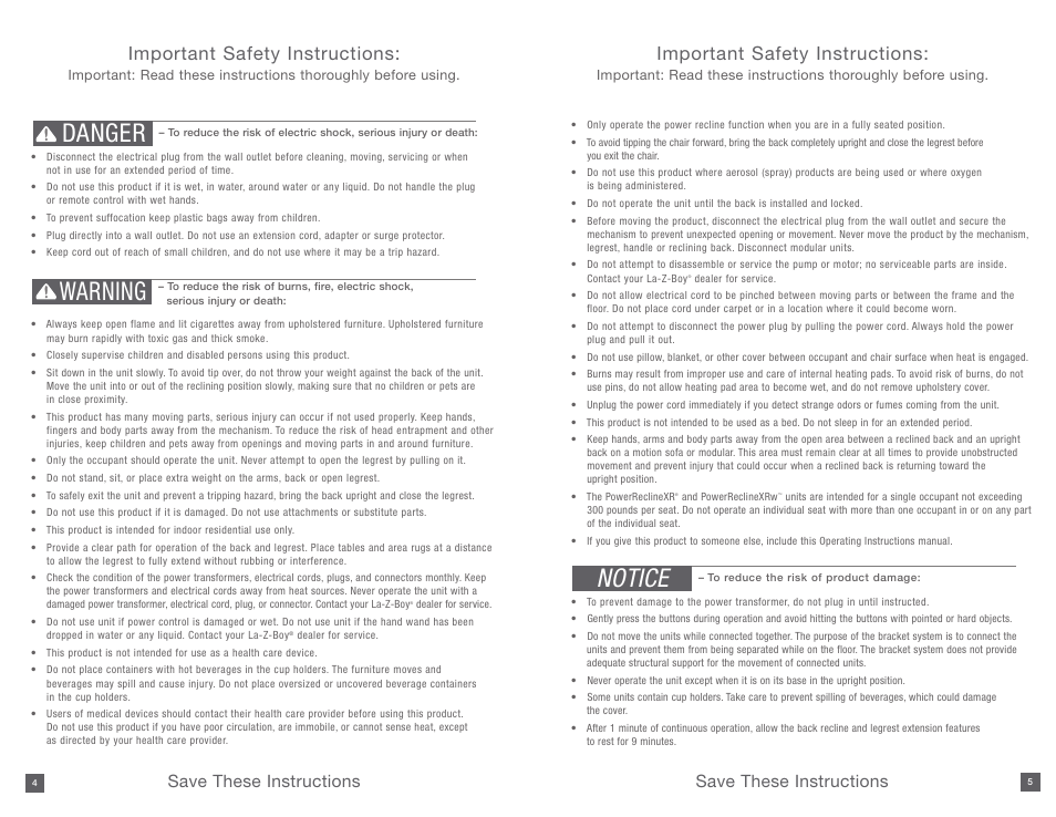 Danger warning, Notice, Important safety instructions | Save these instructions | La-Z-Boy PowerReclineXR after 01/19/2015 User Manual | Page 3 / 15