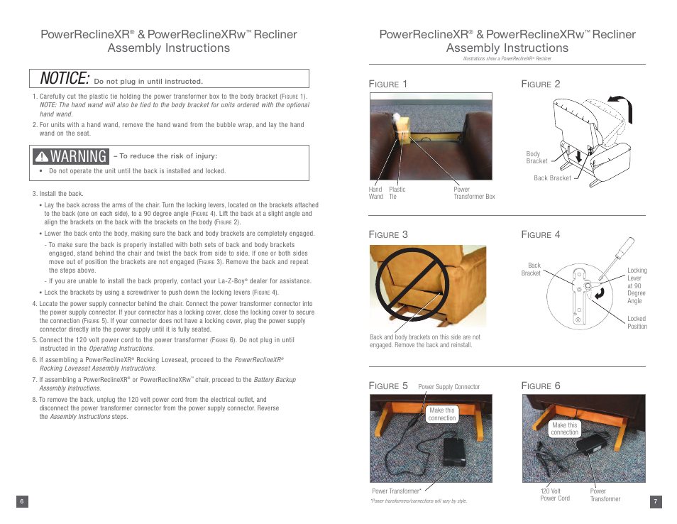 Notice, Warning, Powerreclinexr | Powerreclinexrw, Recliner assembly instructions | La-Z-Boy PowerReclineXR after 01/19/2015 User Manual | Page 4 / 15