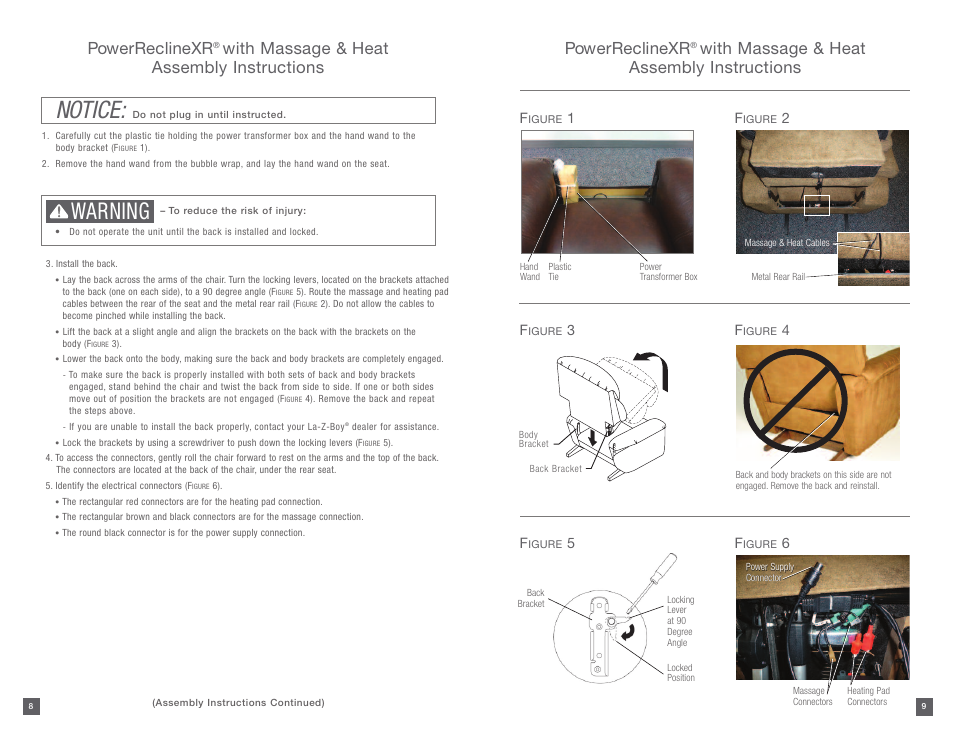 Notice, Warning, Powerreclinexr | With massage & heat assembly instructions | La-Z-Boy PowerReclineXR after 01/19/2015 User Manual | Page 5 / 15