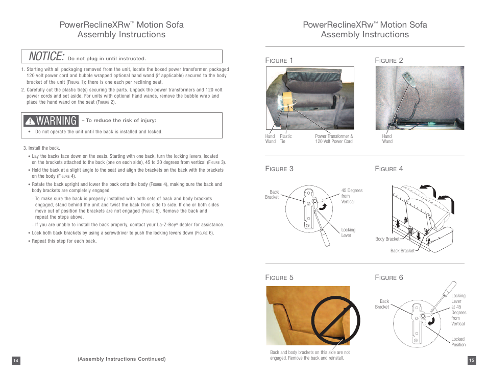Notice, Warning, Powerreclinexrw | Motion sofa assembly instructions powerreclinexrw, Motion sofa assembly instructions | La-Z-Boy PowerReclineXR after 01/19/2015 User Manual | Page 8 / 15