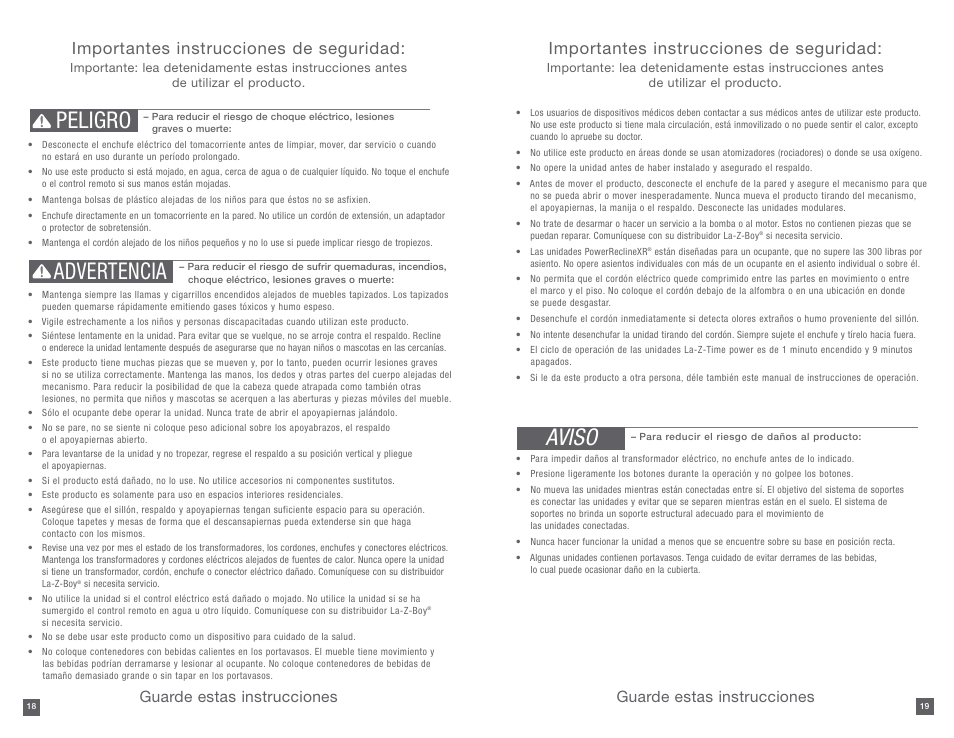 Peligro advertencia, Aviso, Importantes instrucciones de seguridad | Guarde estas instrucciones | La-Z-Boy PowerReclineXR 12/31/2012-08/10/2014 User Manual | Page 10 / 22