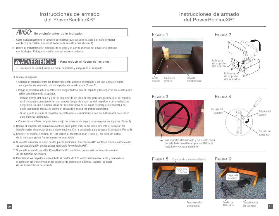 Aviso, Advertencia, Instrucciones de armado del powerreclinexr | La-Z-Boy PowerReclineXR 12/31/2012-08/10/2014 User Manual | Page 11 / 22