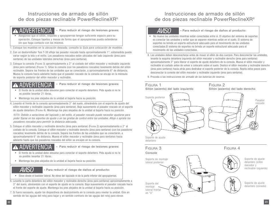 Aviso, Advertencia | La-Z-Boy PowerReclineXR 12/31/2012-08/10/2014 User Manual | Page 12 / 22