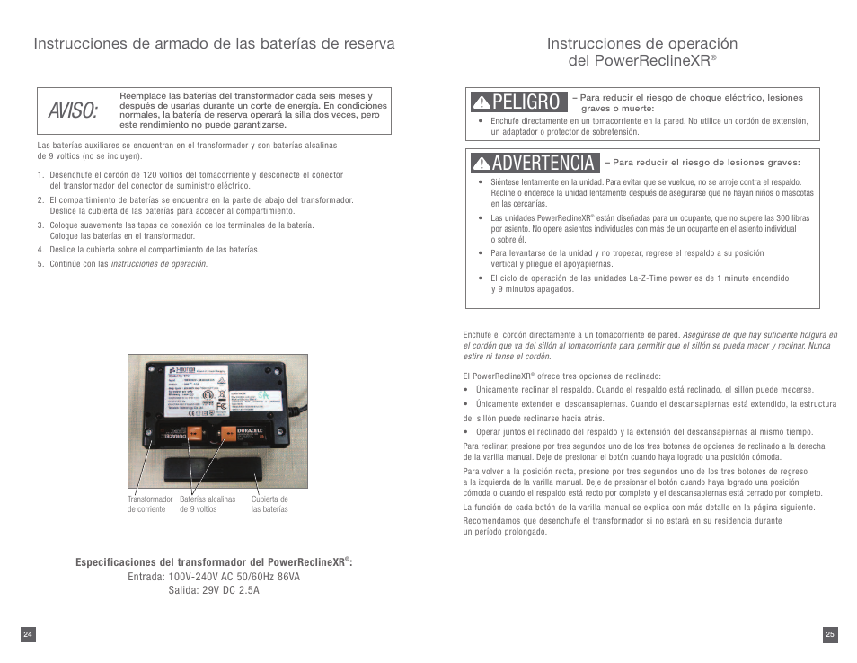 Aviso, Peligro, Advertencia | Instrucciones de operación del powerreclinexr, Instrucciones de armado de las baterías de reserva | La-Z-Boy PowerReclineXR 12/31/2012-08/10/2014 User Manual | Page 13 / 22