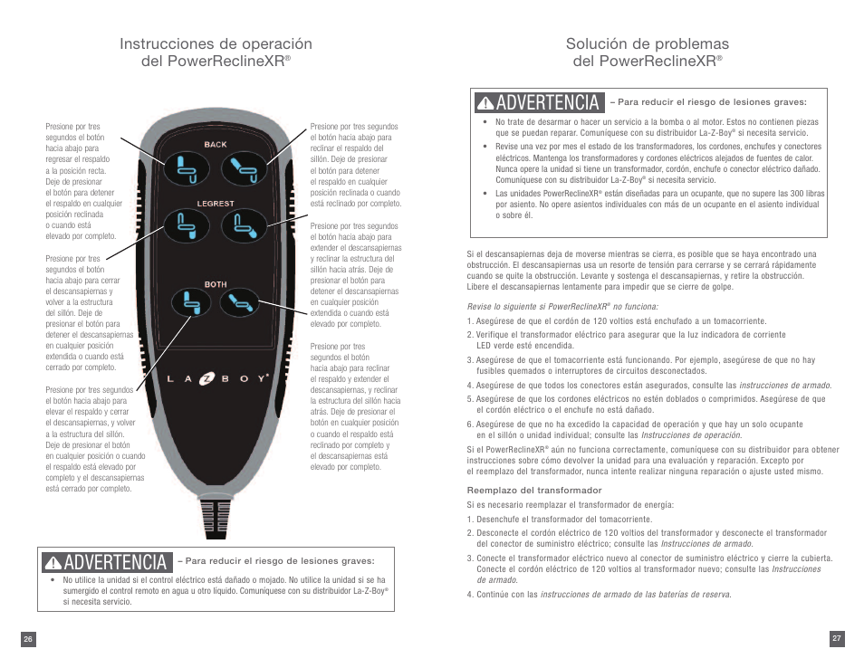 Advertencia, Instrucciones de operación del powerreclinexr, Solución de problemas del powerreclinexr | La-Z-Boy PowerReclineXR 12/31/2012-08/10/2014 User Manual | Page 14 / 22