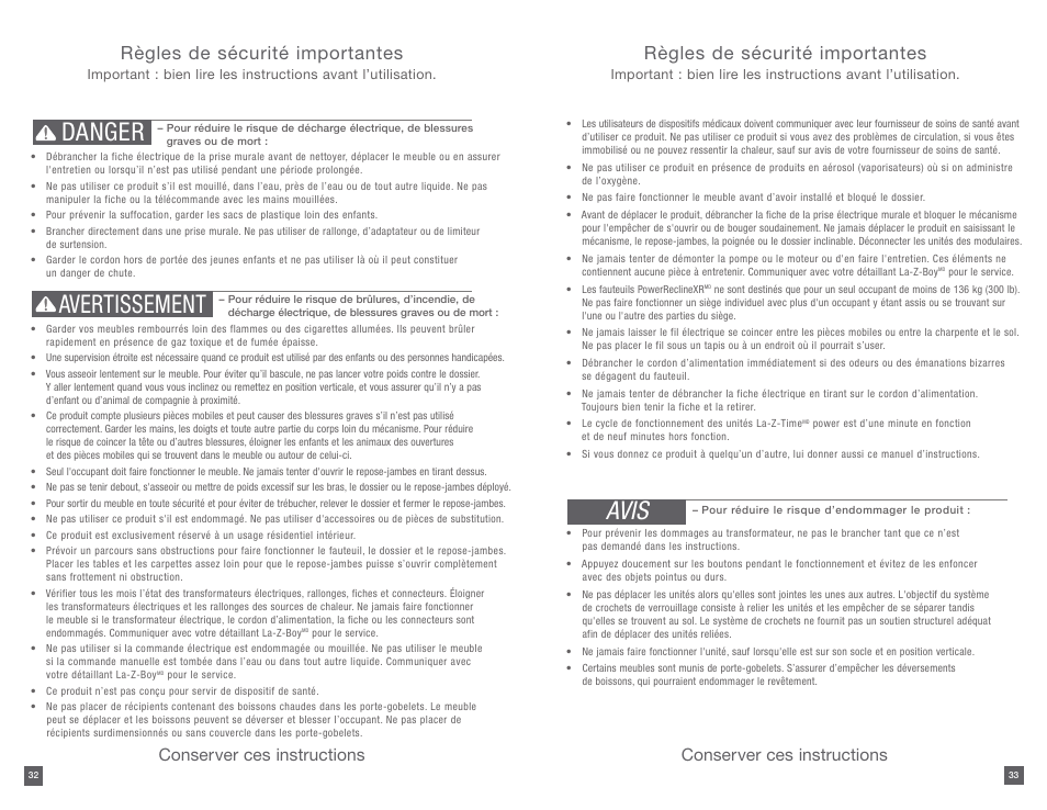 Danger avertissement, Avis, Règles de sécurité importantes | Conserver ces instructions | La-Z-Boy PowerReclineXR 12/31/2012-08/10/2014 User Manual | Page 17 / 22