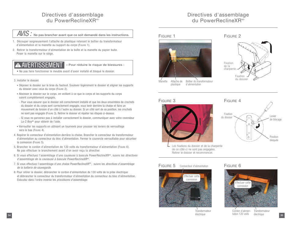 Avis, Avertissement, Directives d'assemblage du powerreclinexr | La-Z-Boy PowerReclineXR 12/31/2012-08/10/2014 User Manual | Page 18 / 22