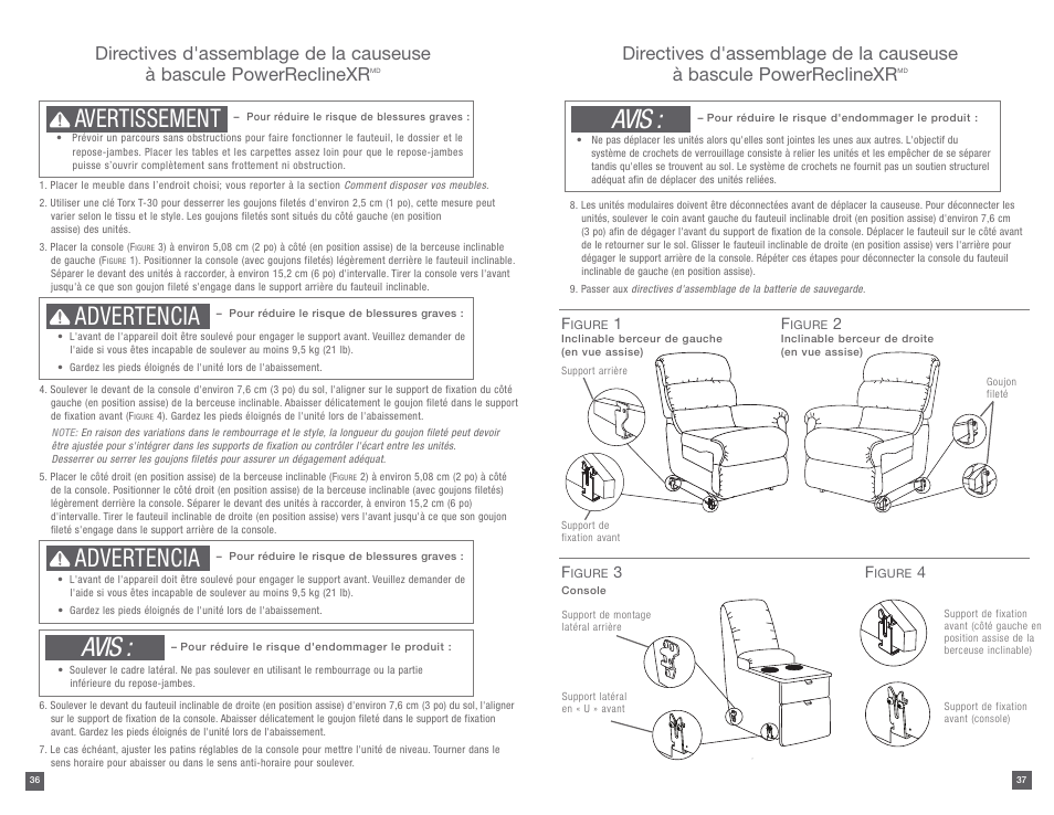 Avis, Avertissement, Advertencia | La-Z-Boy PowerReclineXR 12/31/2012-08/10/2014 User Manual | Page 19 / 22