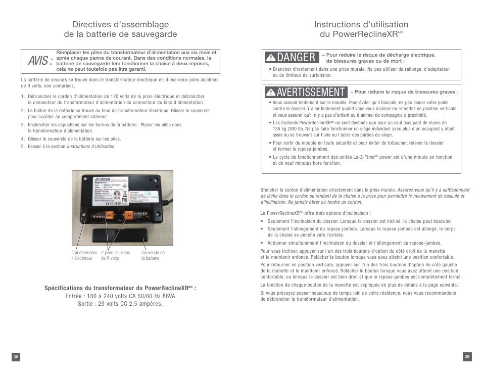 Avis, Danger, Avertissement | Instructions d'utilisation du powerreclinexr | La-Z-Boy PowerReclineXR 12/31/2012-08/10/2014 User Manual | Page 20 / 22