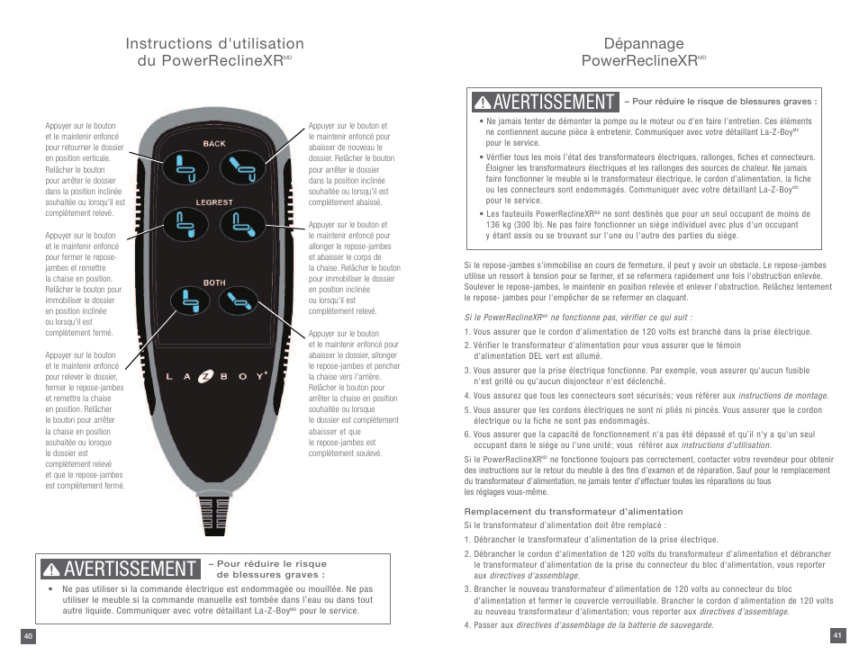 Avertissement, Instructions d'utilisation du powerreclinexr, Dépannage powerreclinexr | La-Z-Boy PowerReclineXR 12/31/2012-08/10/2014 User Manual | Page 21 / 22