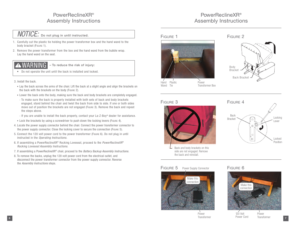 Notice, Warning, Powerreclinexr | Assembly instructions | La-Z-Boy PowerReclineXR 12/31/2012-08/10/2014 User Manual | Page 4 / 22