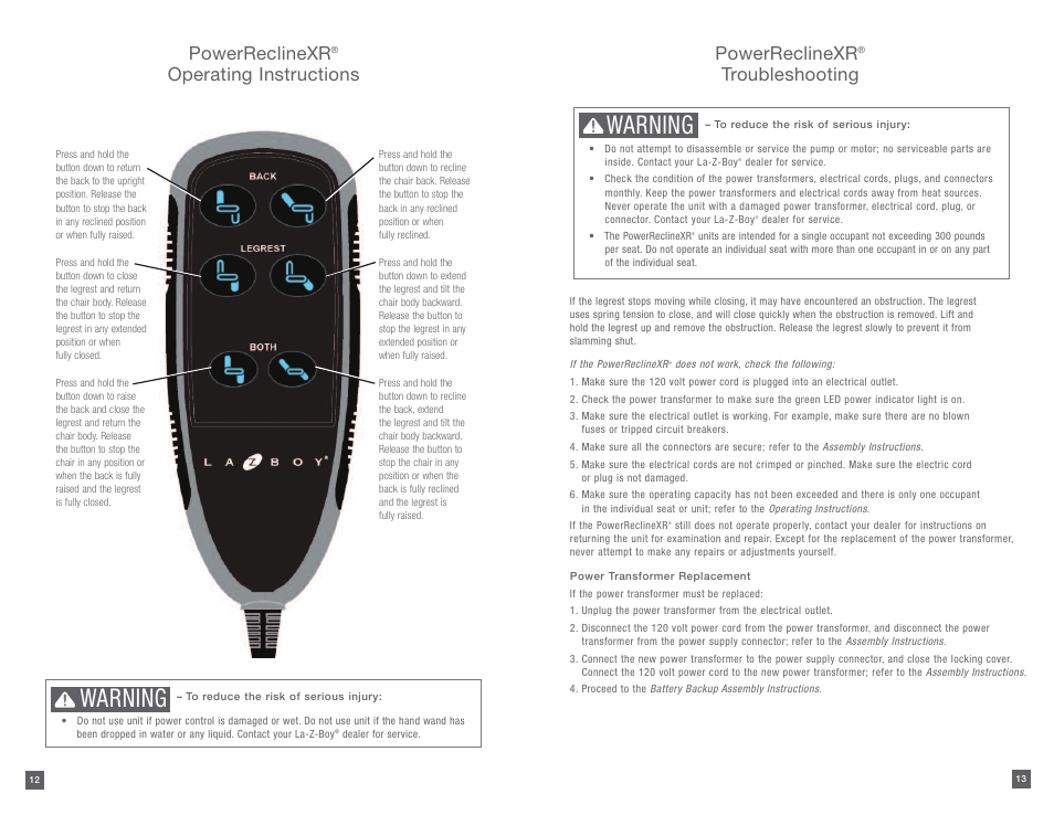 Warning, Powerreclinexr, Operating instructions powerreclinexr | Troubleshooting | La-Z-Boy PowerReclineXR 12/31/2012-08/10/2014 User Manual | Page 7 / 22