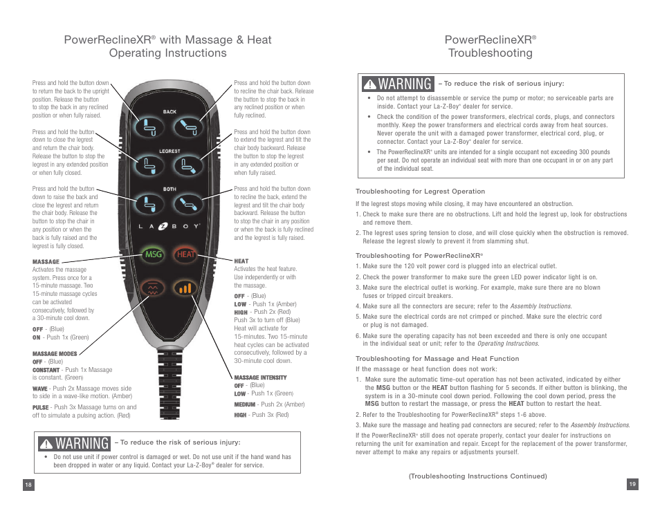 Warning, Powerreclinexr, With massage & heat operating instructions | Troubleshooting | La-Z-Boy PowerReclineXR 08/11/2014-01/18/2015 User Manual | Page 10 / 31