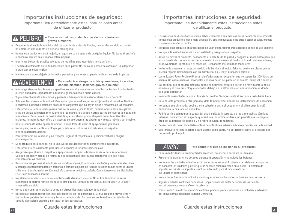 Peligro advertencia, Aviso, Importantes instrucciones de seguridad | Guarde estas instrucciones | La-Z-Boy PowerReclineXR 08/11/2014-01/18/2015 User Manual | Page 13 / 31