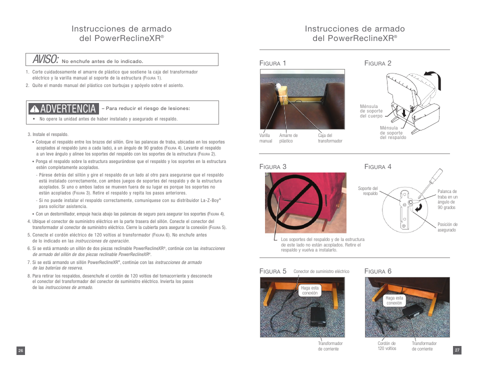 Aviso, Advertencia, Instrucciones de armado del powerreclinexr | La-Z-Boy PowerReclineXR 08/11/2014-01/18/2015 User Manual | Page 14 / 31