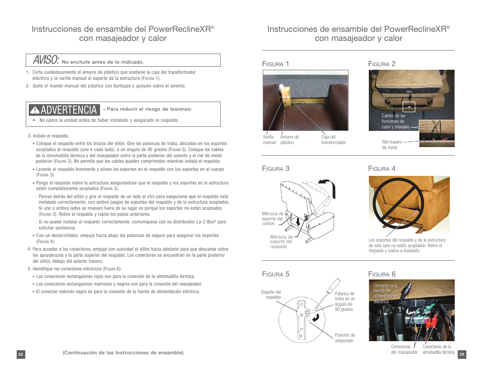 Aviso, Advertencia, Instrucciones de ensamble del powerreclinexr | Con masajeador y calor | La-Z-Boy PowerReclineXR 08/11/2014-01/18/2015 User Manual | Page 15 / 31