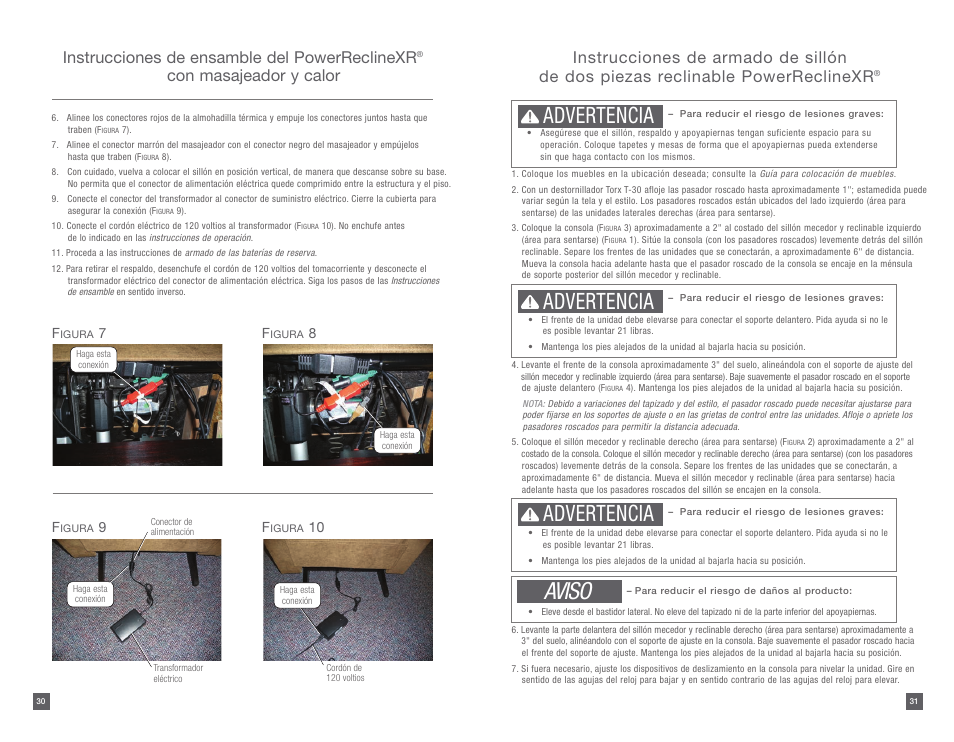 Aviso, Advertencia, Instrucciones de ensamble del powerreclinexr | Con masajeador y calor | La-Z-Boy PowerReclineXR 08/11/2014-01/18/2015 User Manual | Page 16 / 31